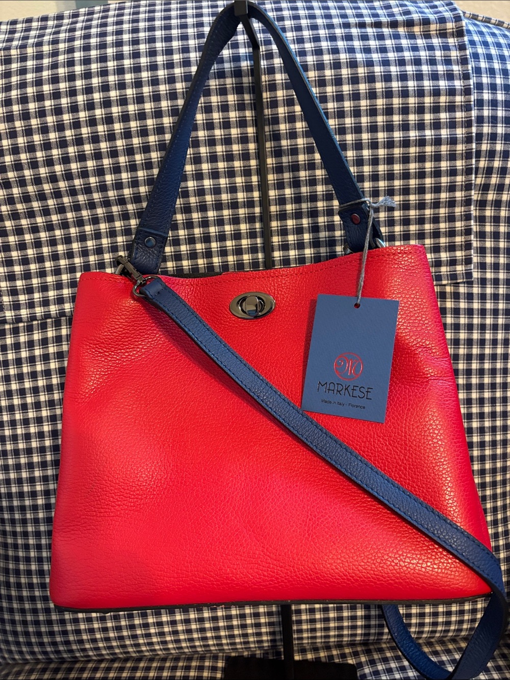 Markese Red pebbled  Leather Shoulder Bag with Navy handle and crossbody strap